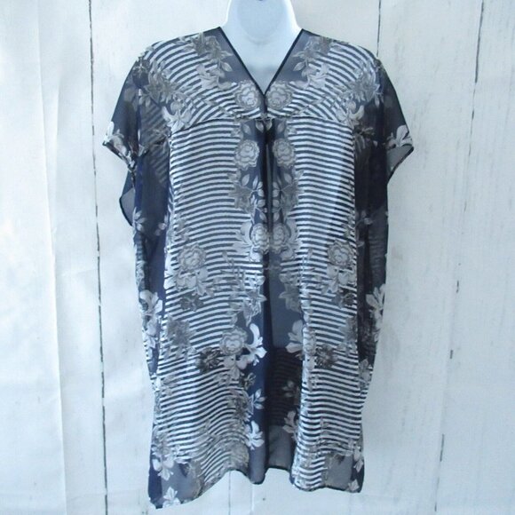 Cabi Yacht Top S Small Navy Blue Floral Stripe Sheer Popover 5024 - Picture 4 of 6